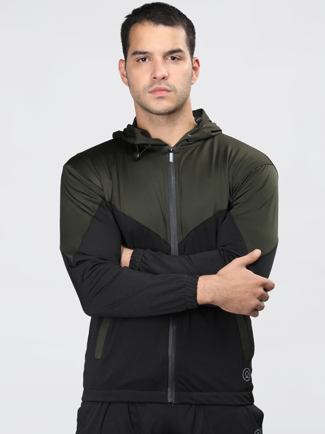 

CHKOKKO Colourblocked Windcheater Hooded Sporty Jacket, Olive