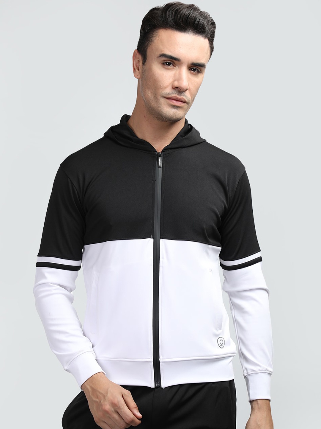 

CHKOKKO Colourblocked Lightweight Hooded Sporty Jacket, Black