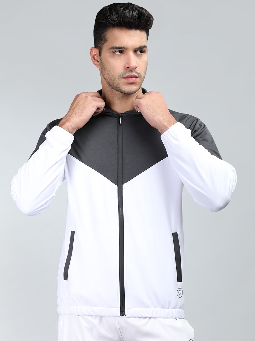 CHKOKKO Colourblocked Hooded Windcheater Sporty Jacket, Grey