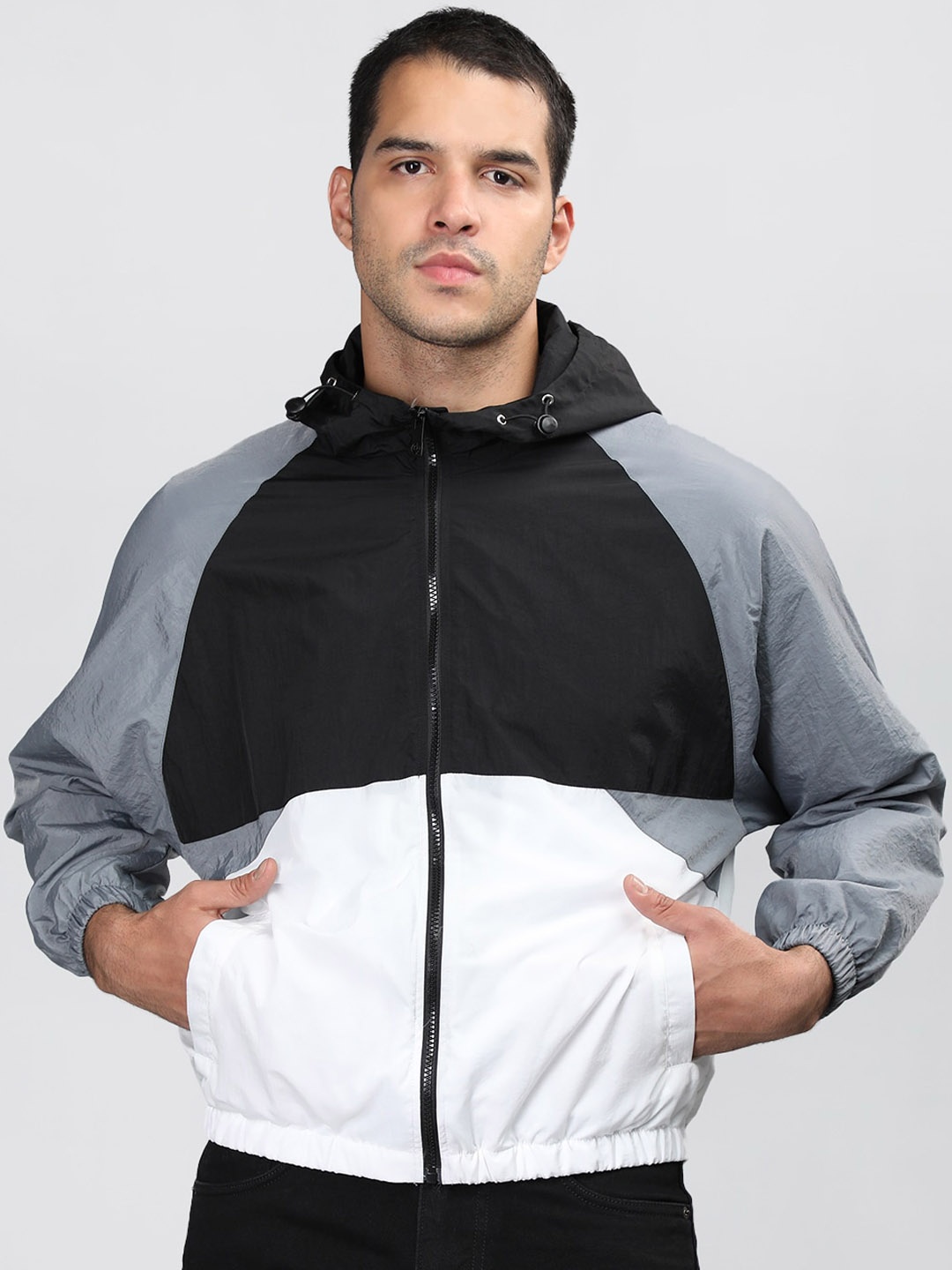 

CHKOKKO Colourblocked Hooded Windcheater Sporty Jacket, Black