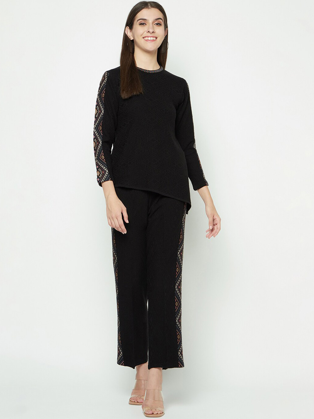 

Knitstudio Self-Design Round Neck Acrylic Sweater With Trouser, Black