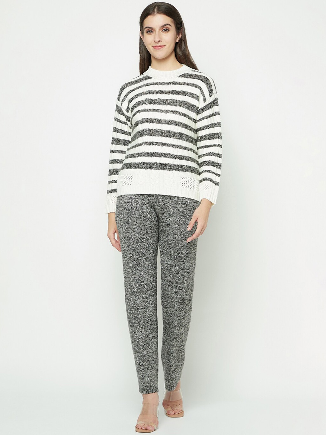 

Knitstudio Striped Round Neck Acrylic Sweater With Self-Design Trouser Co-Ords, Grey