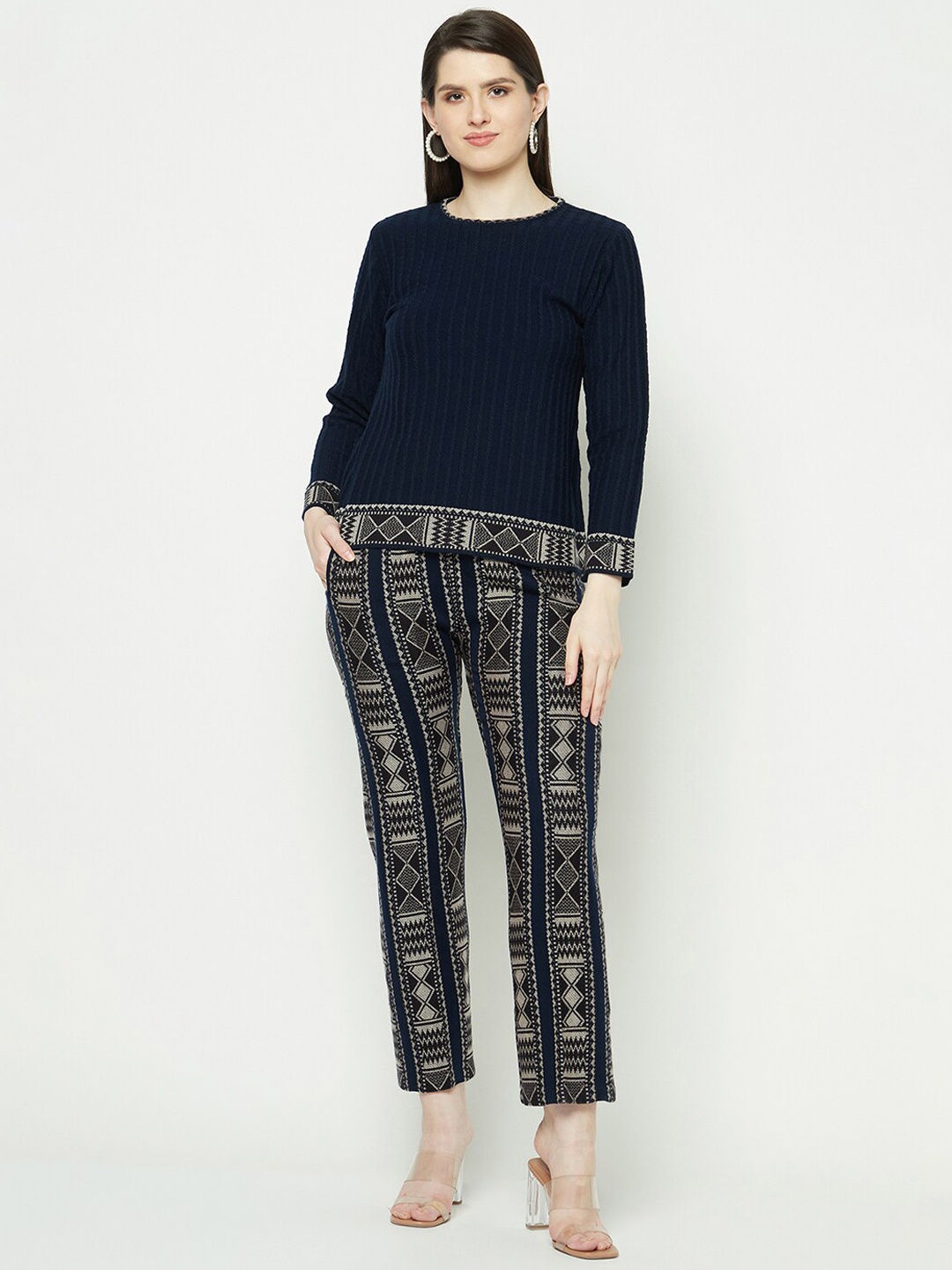 

Knitstudio Self Design Round Neck Acrylic Sweater With Trouser Co-Ords, Navy blue