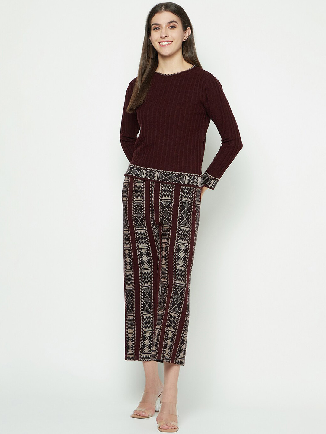 

Knitstudio Self Design Round Neck Acrylic Sweater With Trouser Co-Ords, Maroon