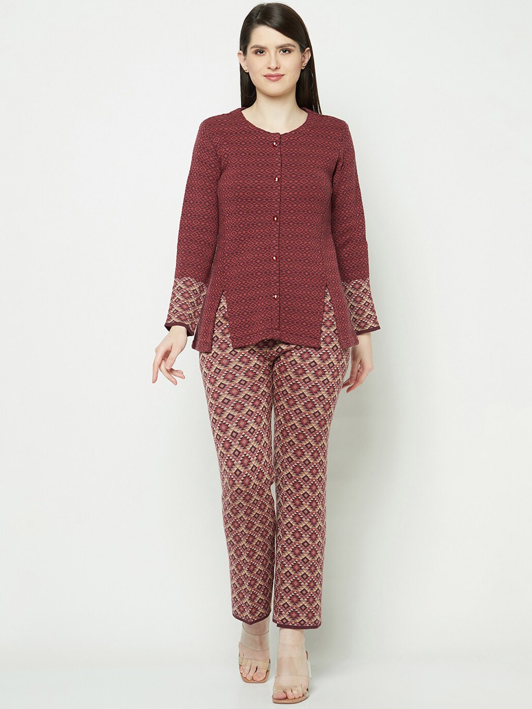 

Knitstudio Self Design Round Neck Acrylic Coat With Trouser Co-Ords, Rust