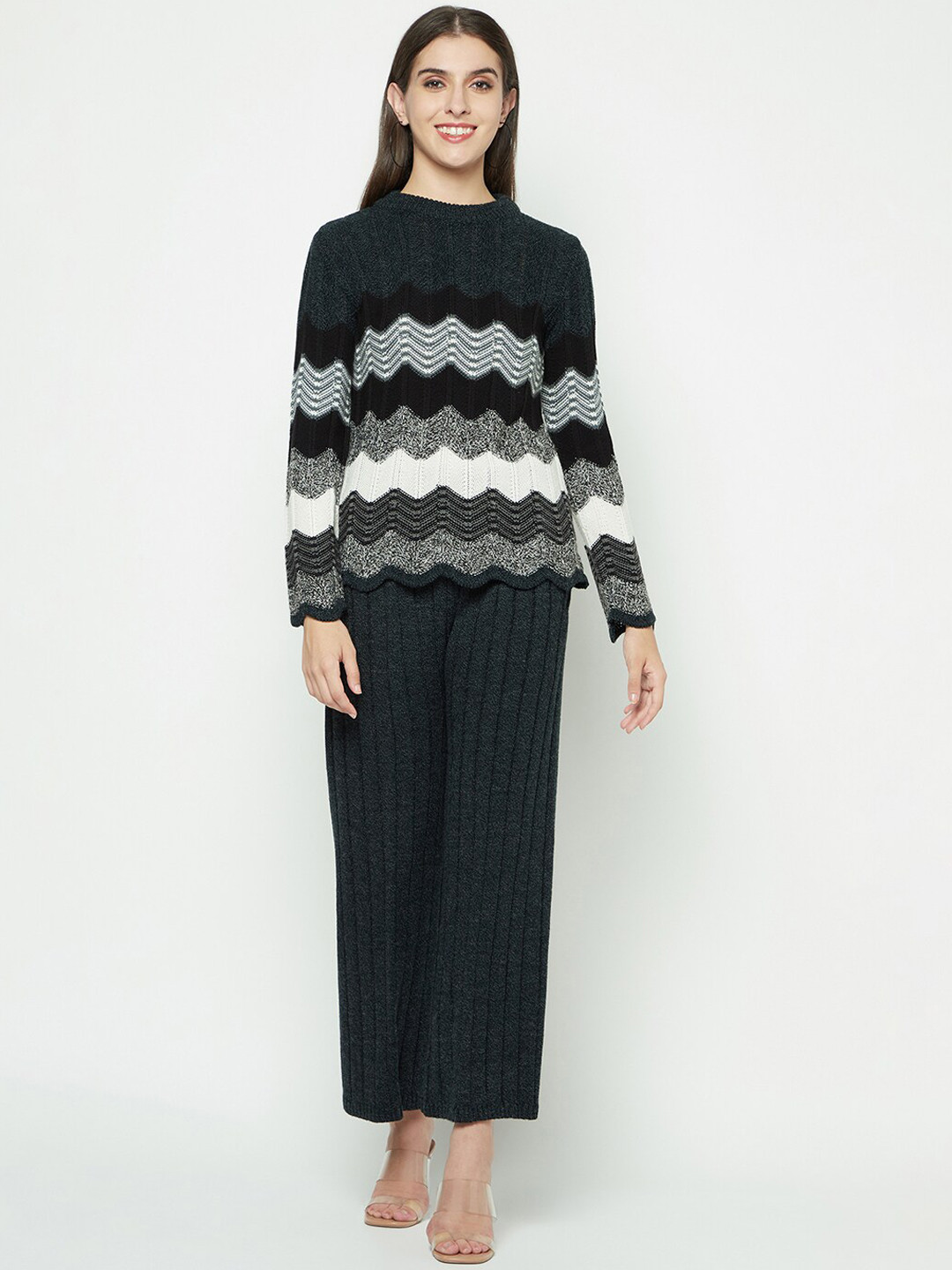 

Knitstudio Self Design Round Neck Acrylic Sweater With Trouser Co-Ords, Blue