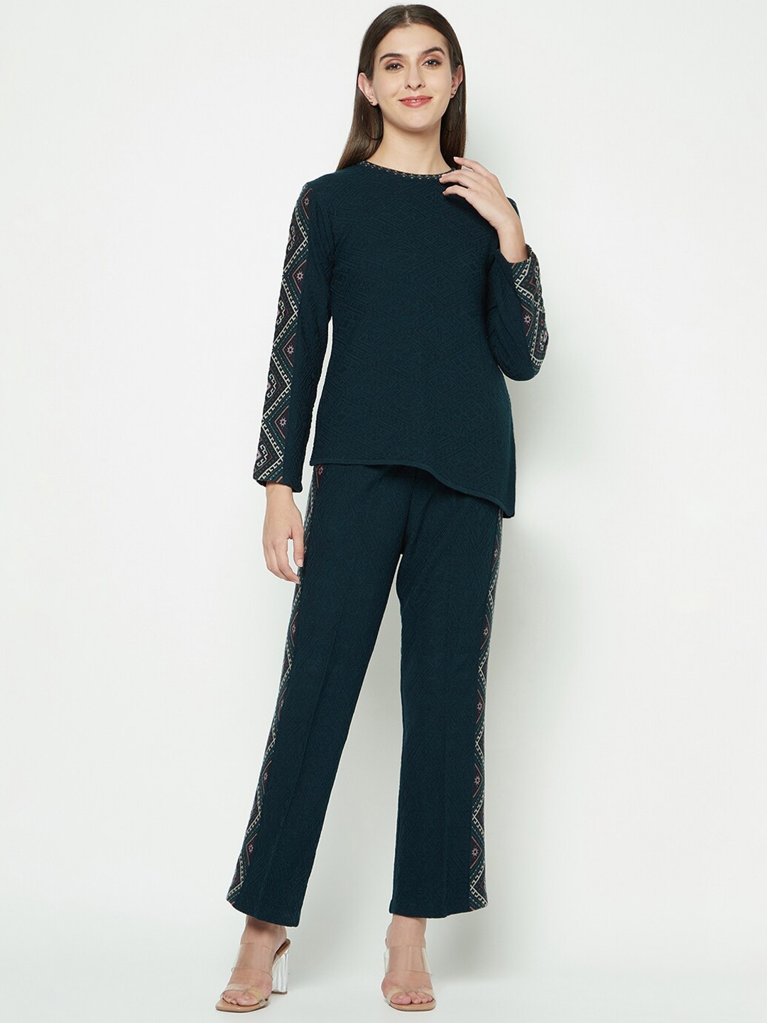 

Knitstudio Self Design Round Neck Acrylic Sweater With Trouser Co-Ords, Teal