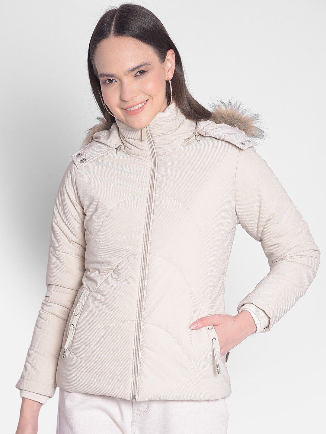 

Crimsoune Club Hooded Parka Jacket With Faux Fur Detail, Cream