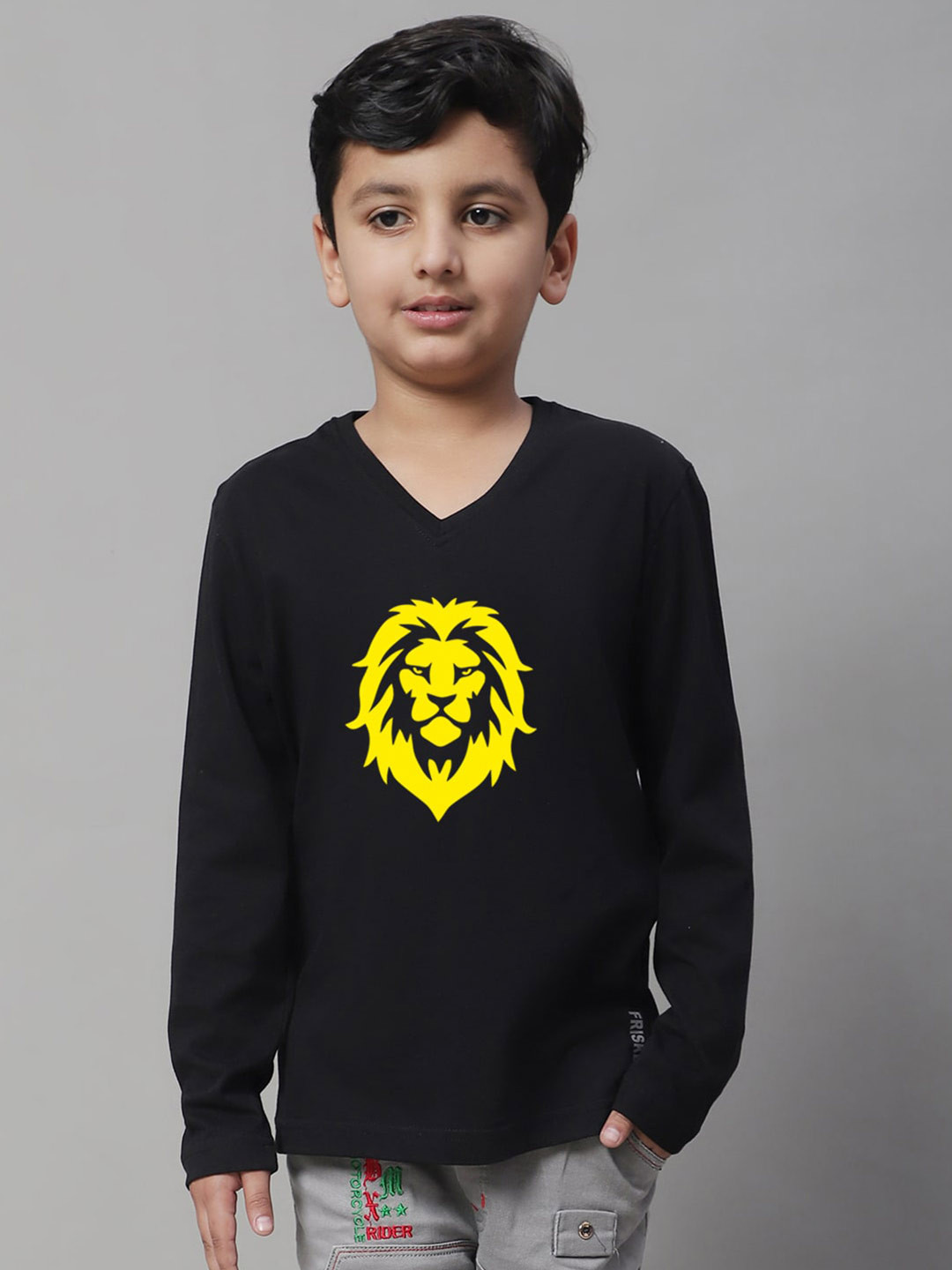 

Friskers Boys Printed V-Neck Long Sleeves Cotton T-shirt, Black