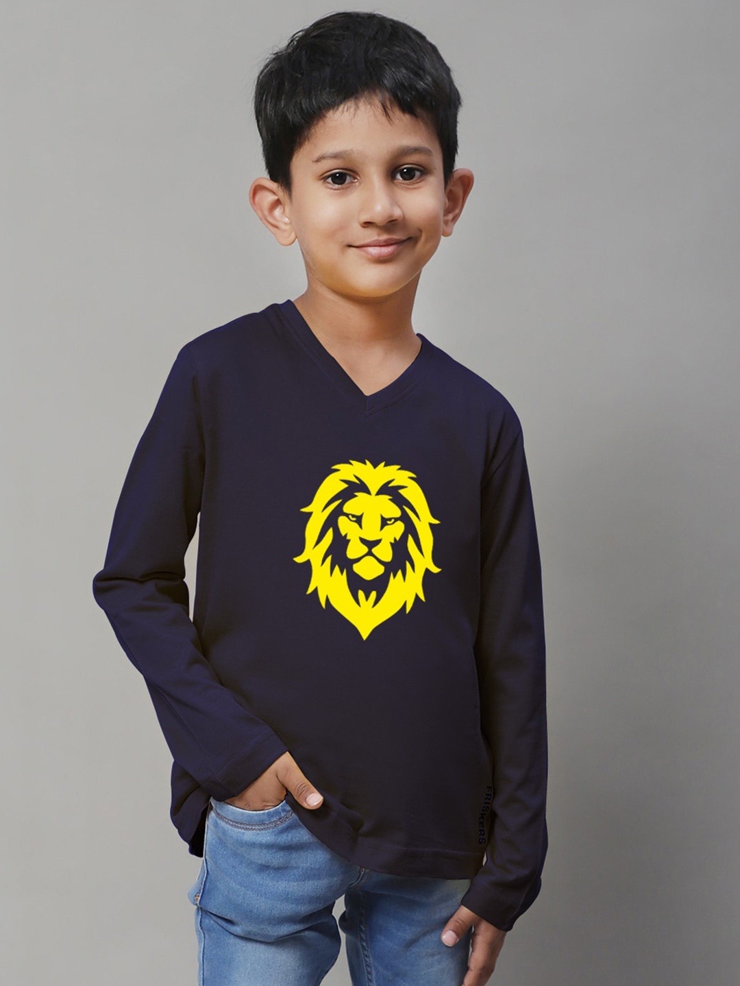 Friskers Boys Graphic Printed V-Neck Pure Cotton T-shirt, Navy blue