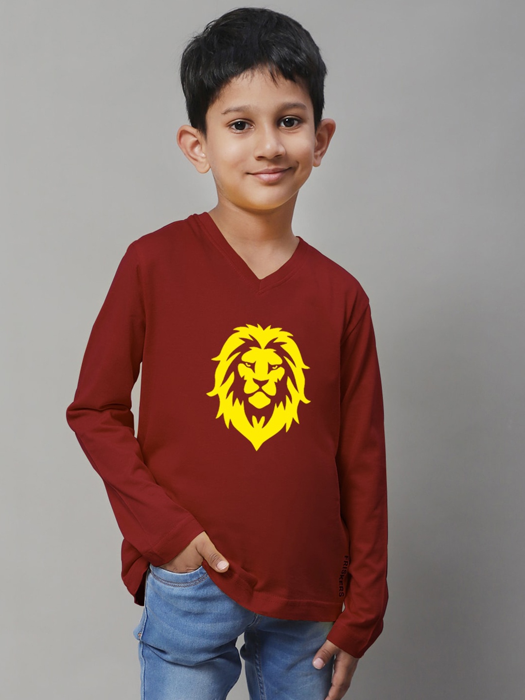 

Friskers Boys Graphic Printed V-Neck Pure Cotton T-shirt, Maroon