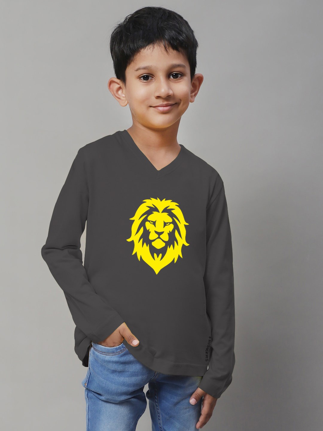 

Friskers Boys Printed V-Neck Long Sleeves Cotton T-shirt, Grey