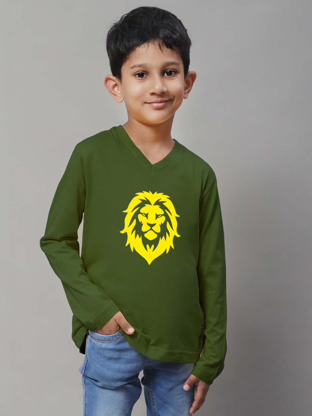 

Friskers Boys Graphic Printed V-Neck Pure Cotton T-shirt, Olive