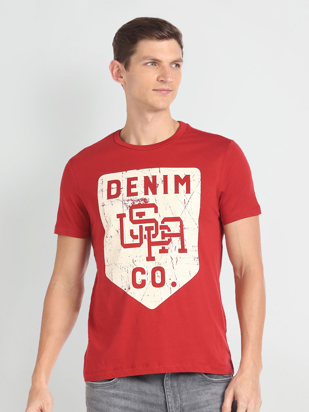 U.S. Polo Assn. Denim Co. Typography Printed Round Neck T-shirt, Red