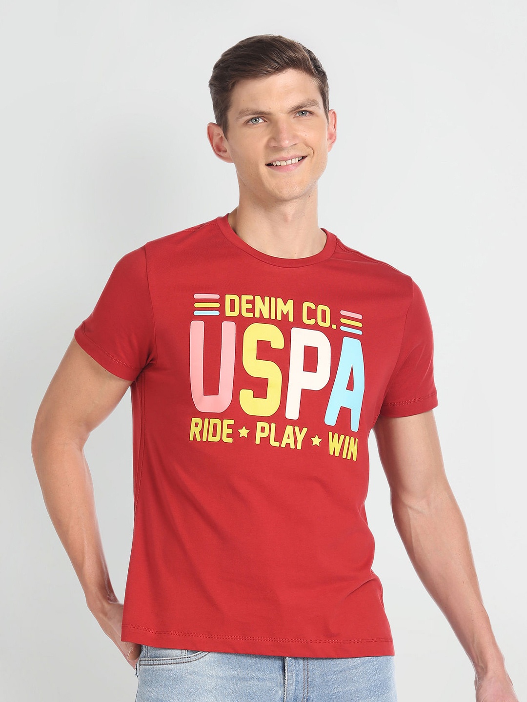 

U.S. Polo Assn. Denim Co. Typography Printed Slim Fit Cotton T-shirt, Red
