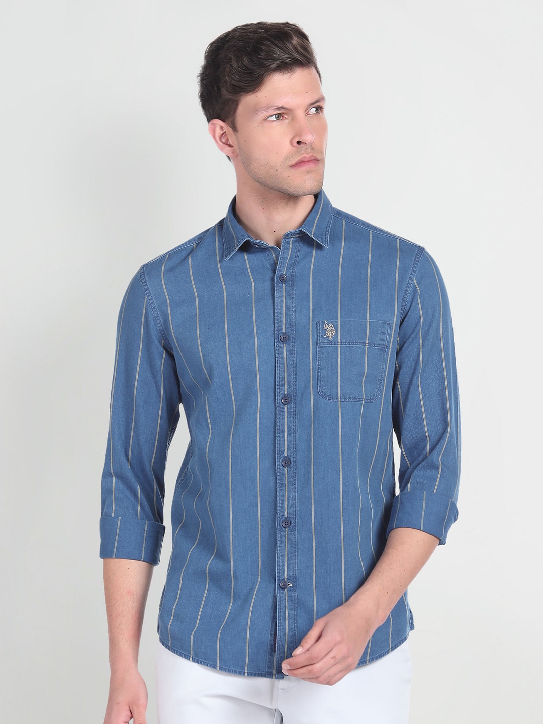 

U.S. Polo Assn. Denim Co. Slim Fit Striped Casual Pure Cotton Shirt, Blue