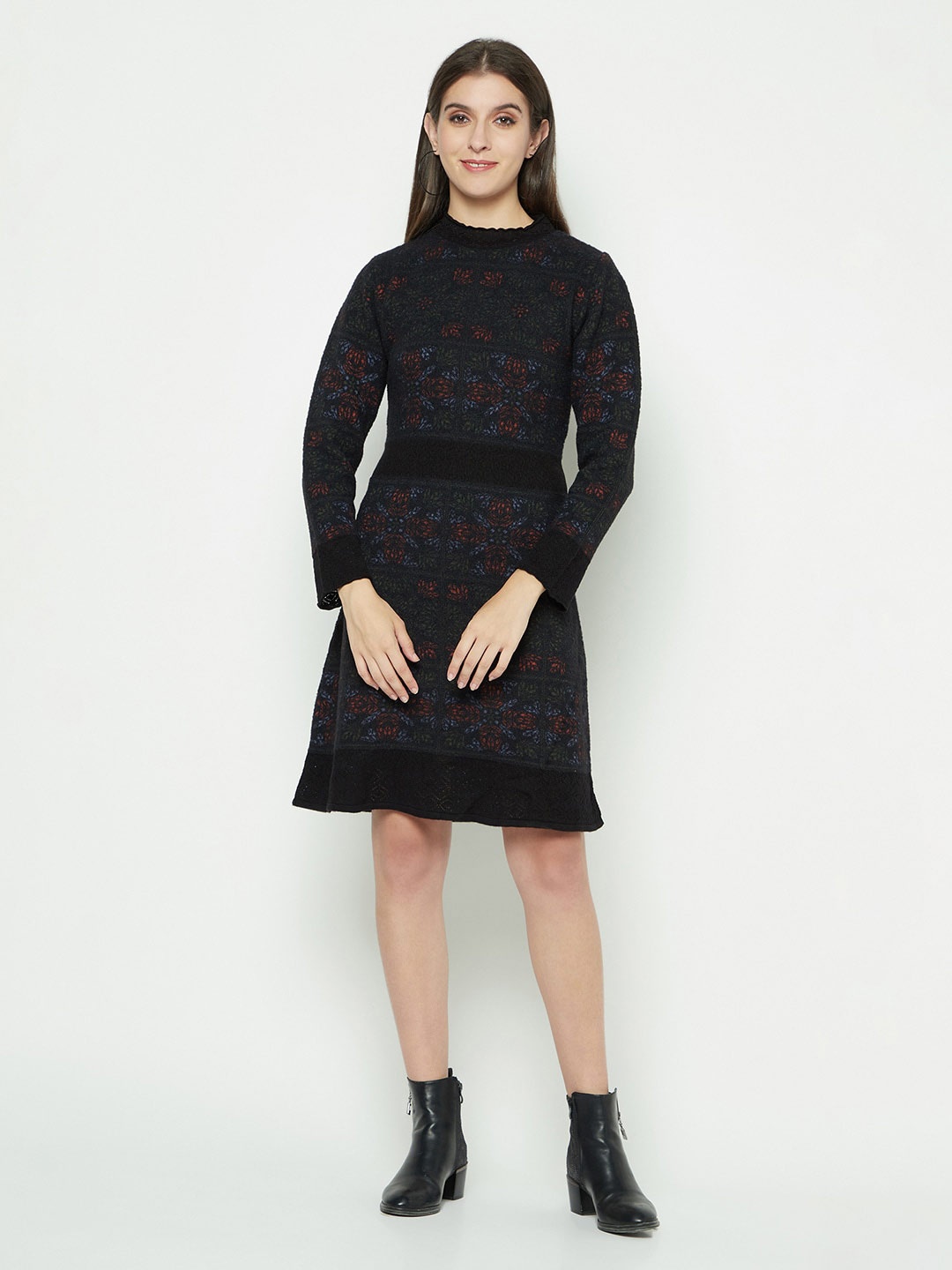 

Knitstudio Floral Self-Design Fit & Flare Dress, Black
