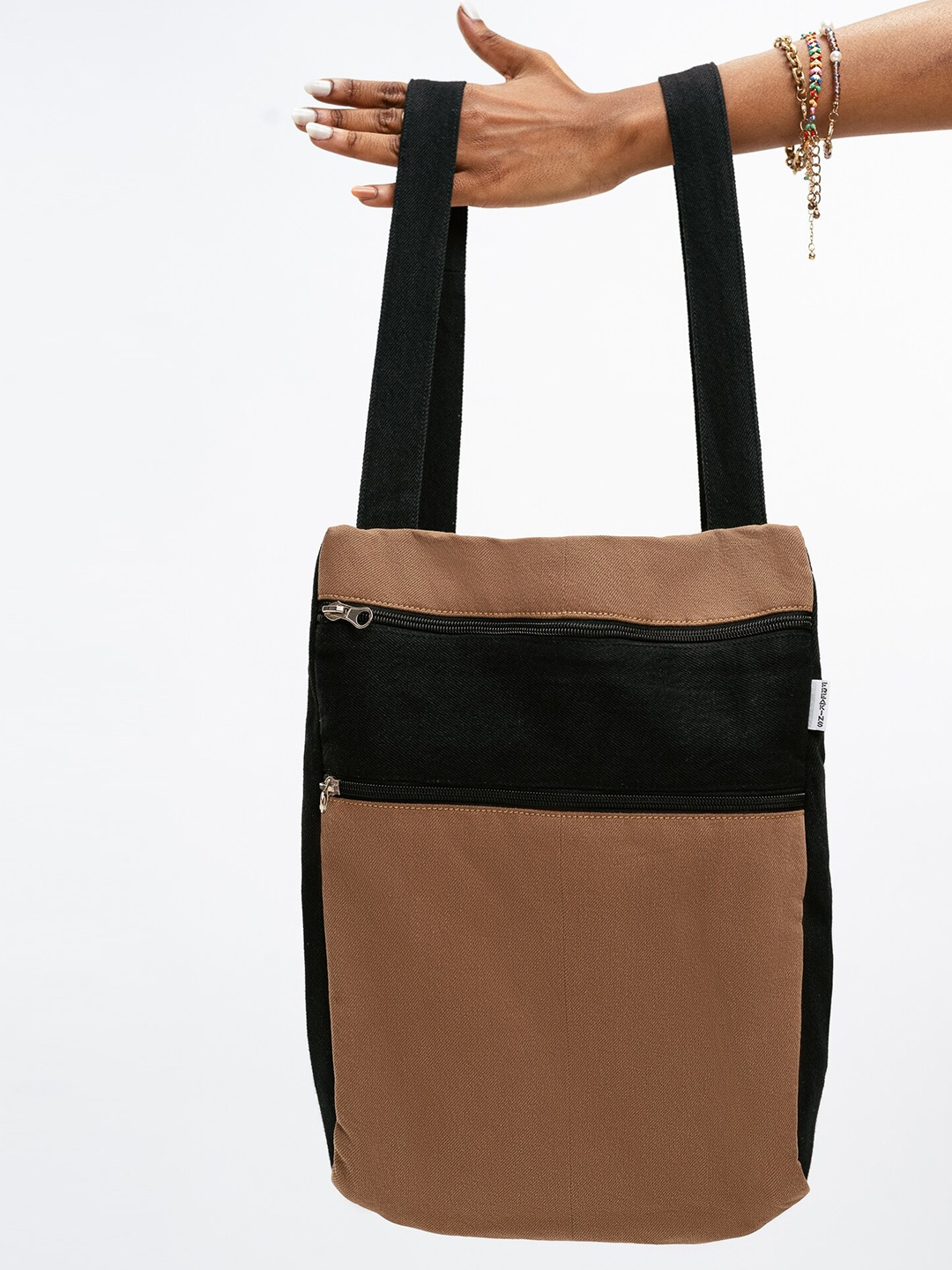 

FREAKINS Brown Colourblocked Structured Handheld Bag with Cut Work