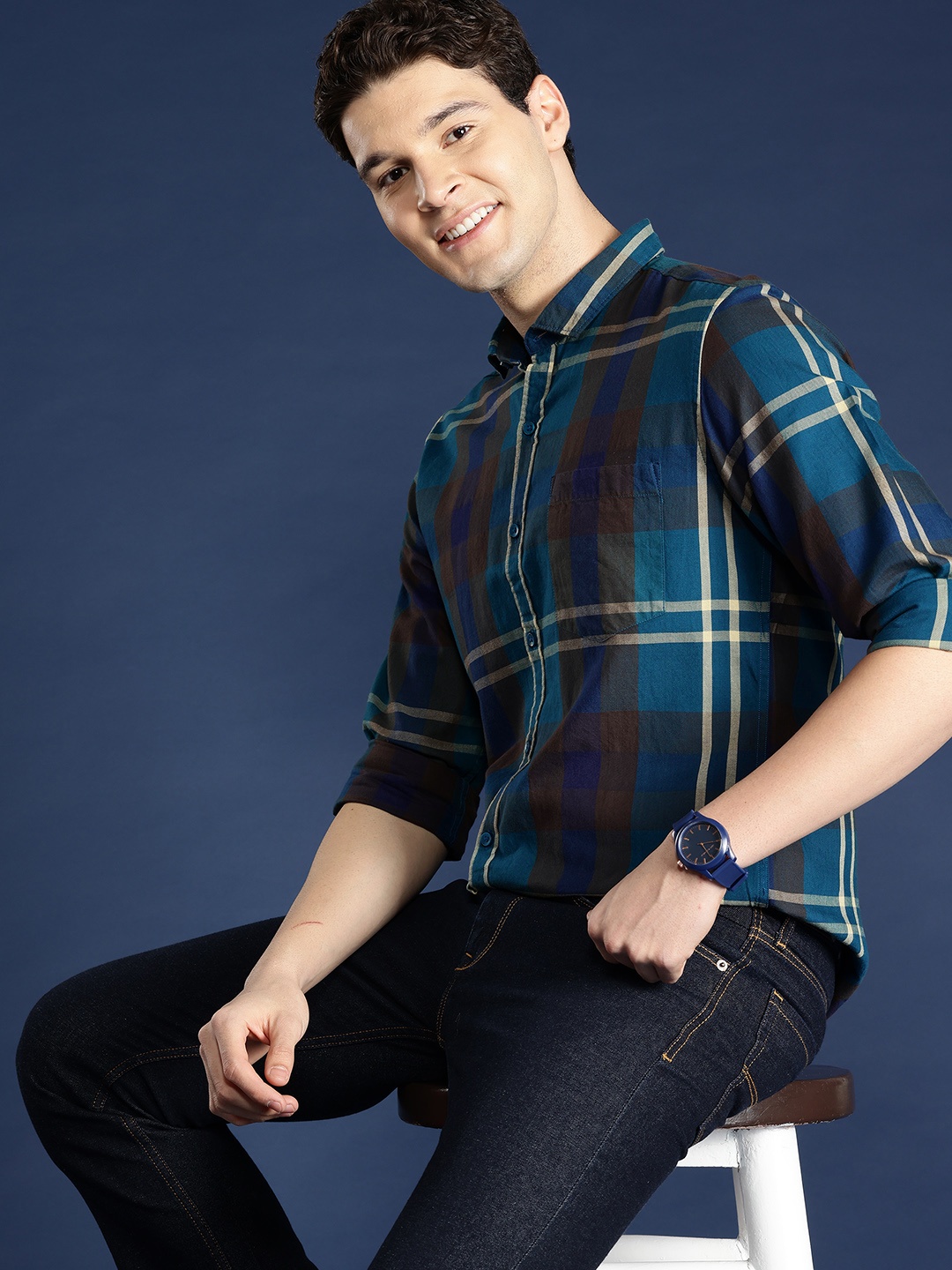 

Mast & Harbour Men Buffalo Checked Cotton Casual Shirt, Navy blue