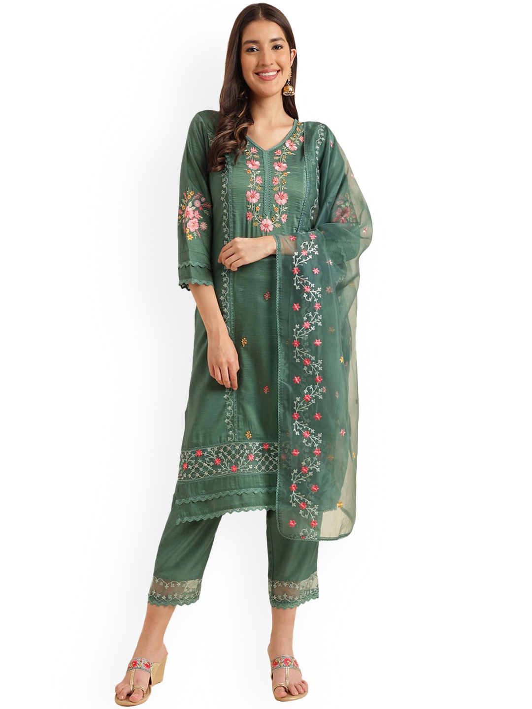 

KALINI Floral Embroidered Regular Kurta With Trousers & Dupatta, Green