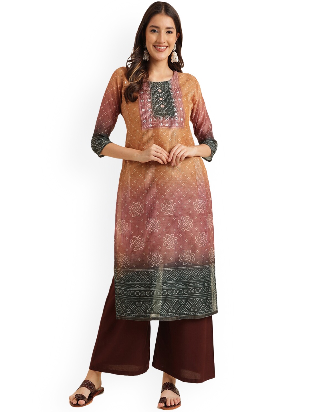 

Nimayaa Bandhani Printed Round Neck Mirror Work Straight Kurta, Orange