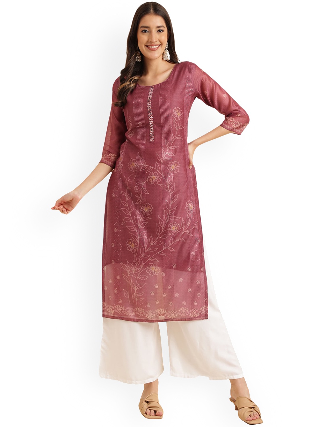 

Nimayaa Ethnic Motifs Printed Round Neck Sequinned Straight Kurta, Maroon