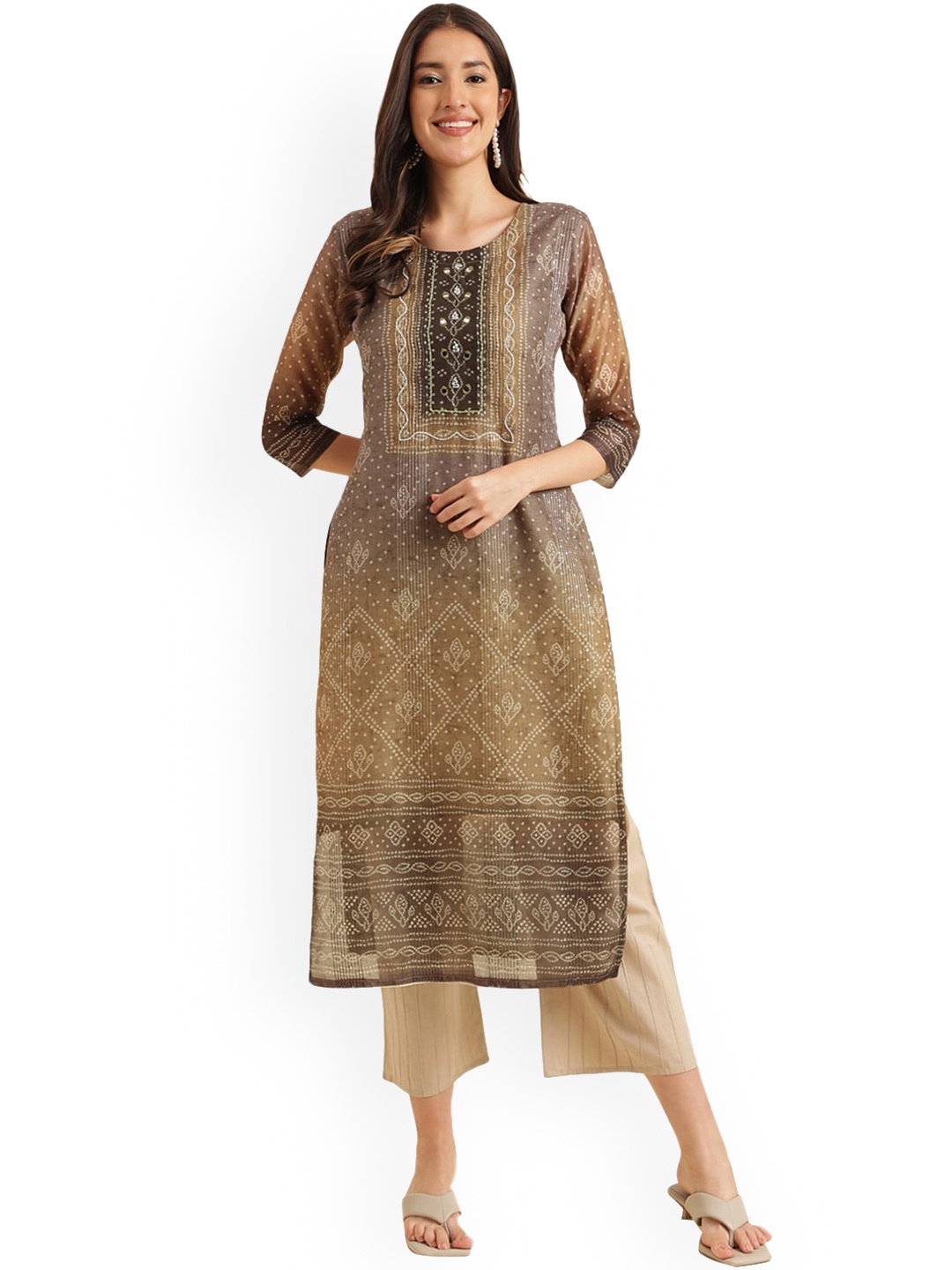 

Nimayaa Bandhani Printed Round Neck Mirror Work Straight Kurta, Brown