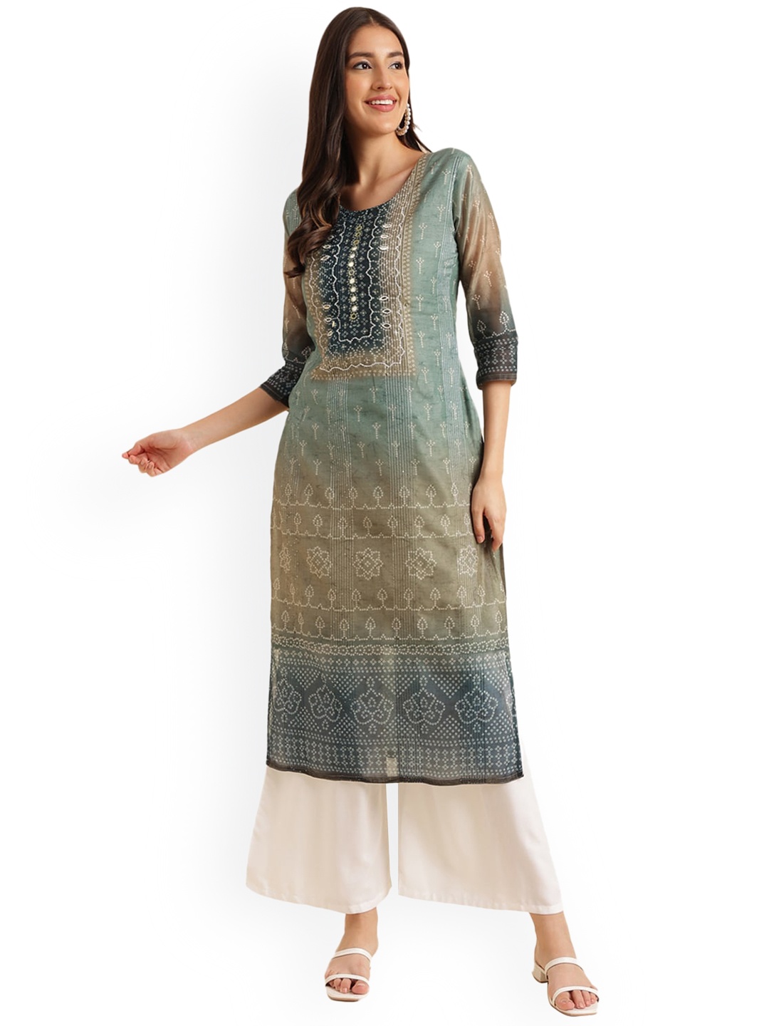 

Nimayaa Bandhani Printed Round Neck Mirror Work Straight Kurta, Blue