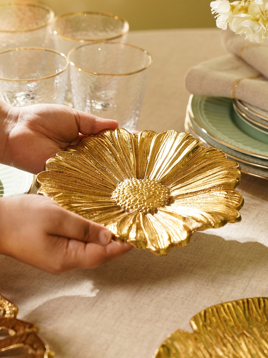 

Pure Home and Living Yellow Textured Flower Metal Figurine Showpiece, Gold