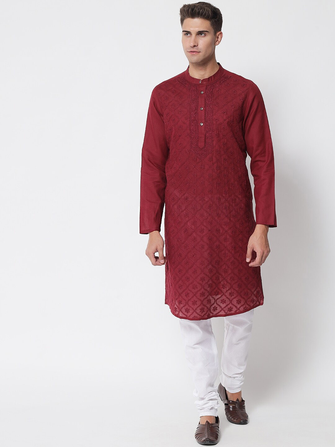 

akheri Chikankari Embroidered Band Collar Long Sleeve Cotton Straight Kurta, Maroon