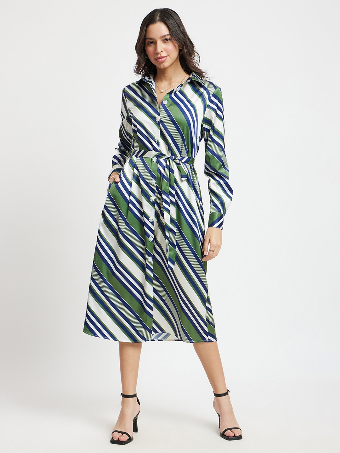 

FableStreet Striped Shirt Collar Satin A-Line Midi Dress, Olive