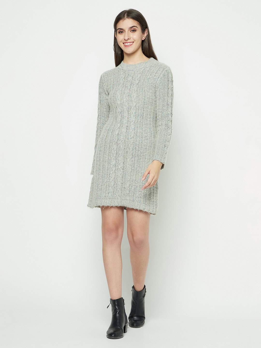

Knitstudio Self Design Round Neck Long Sleeves Acrylic Knits A-Line Dress, Green