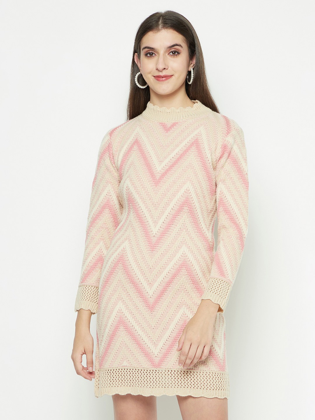 

Knitstudio Self Design High Neck Long Sleeves Acrylic Knits A-Line Dress, Pink