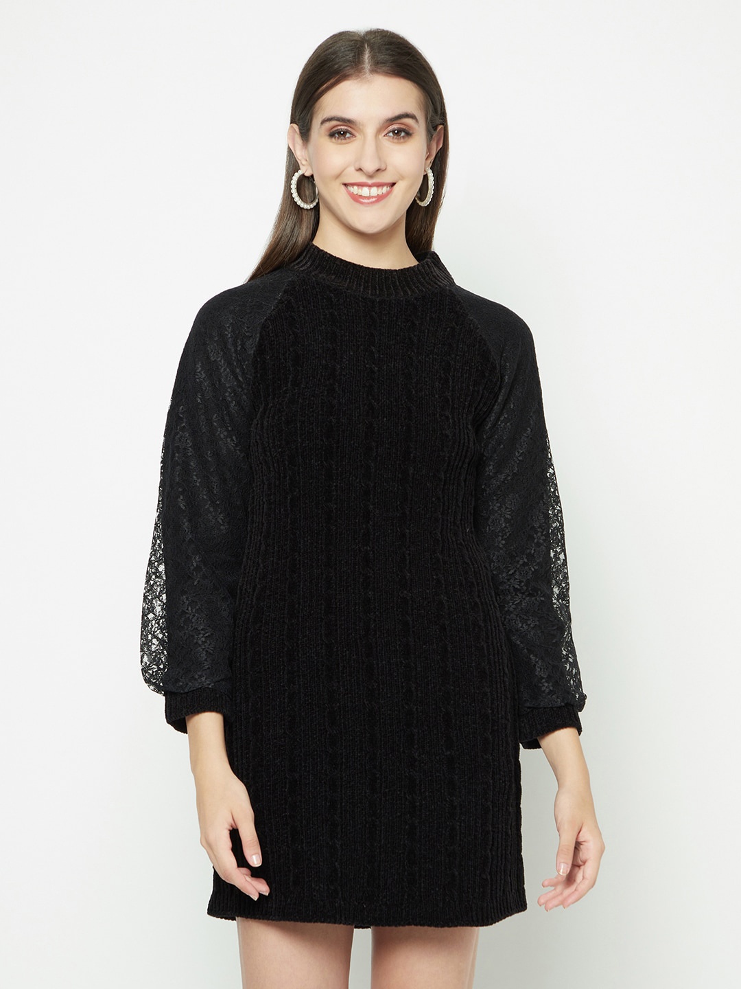 

Knitstudio Self Design Round Neck Long Sleeves Acrylic Knits A-Line Dress, Black
