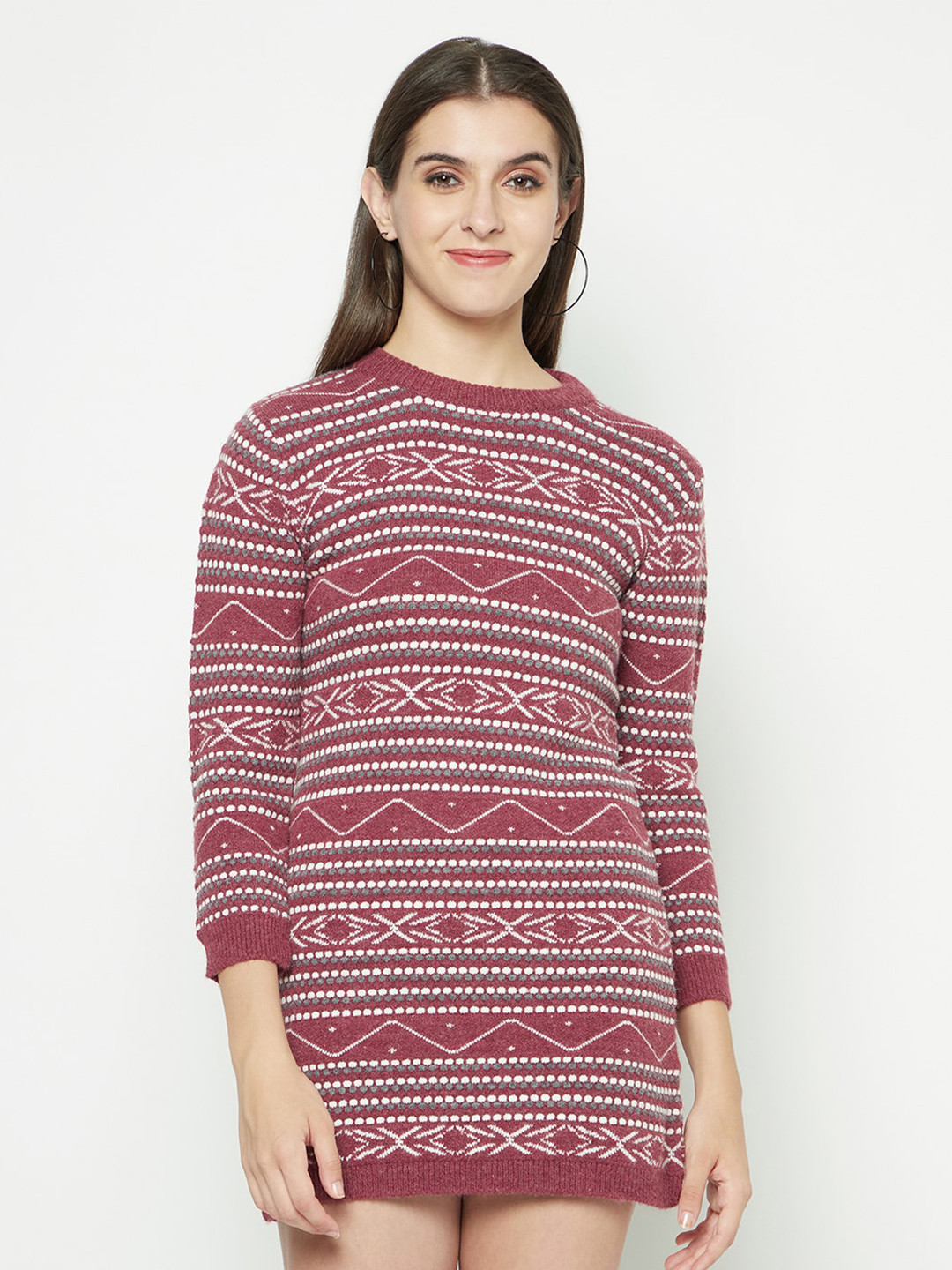 

Knitstudio Self Design Round Neck Long Sleeves Acrylic Knits A-Line Dress, Purple