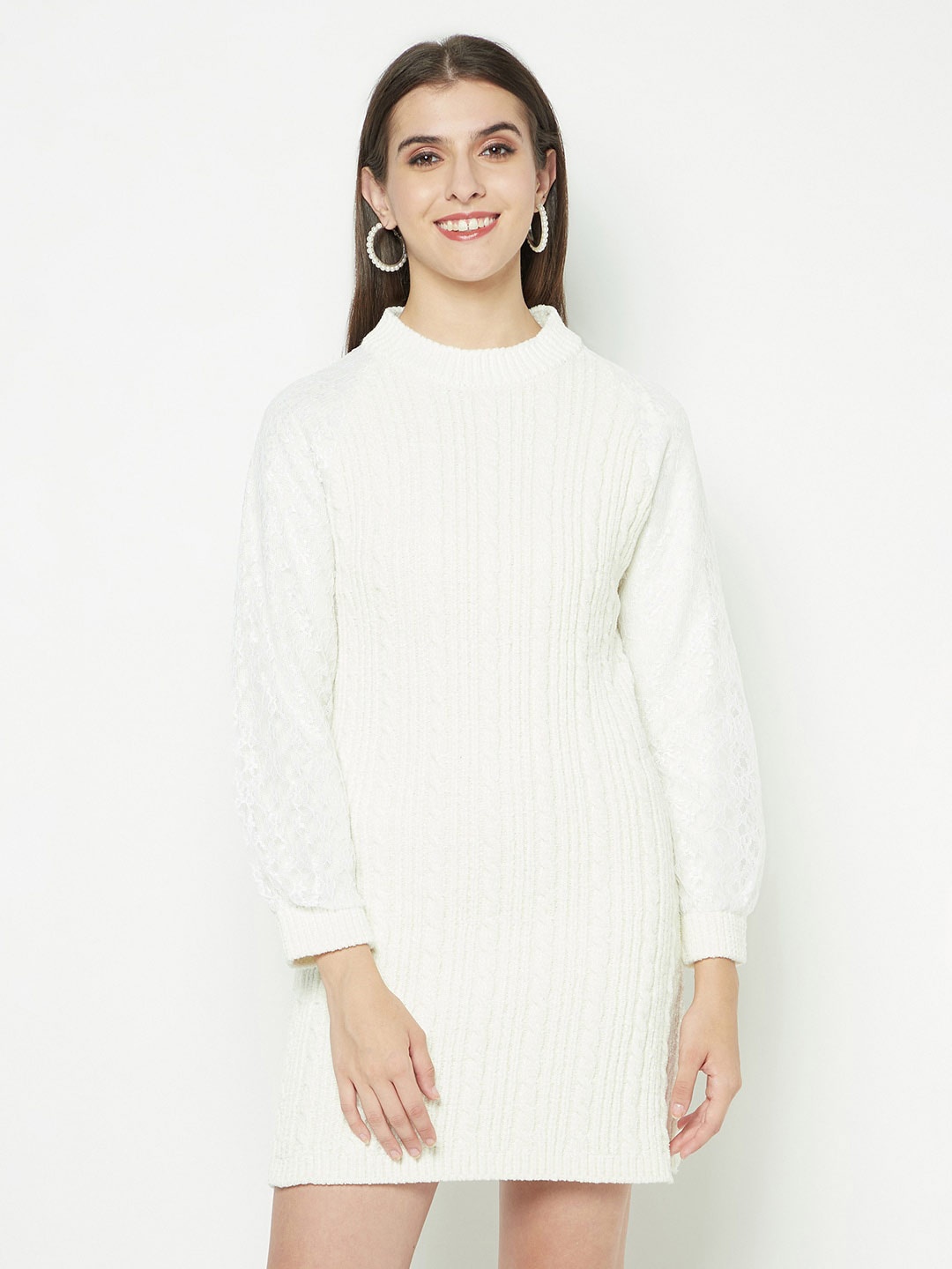 

Knitstudio Self Design Round Neck Long Sleeves Acrylic Knits A-Line Dress, White