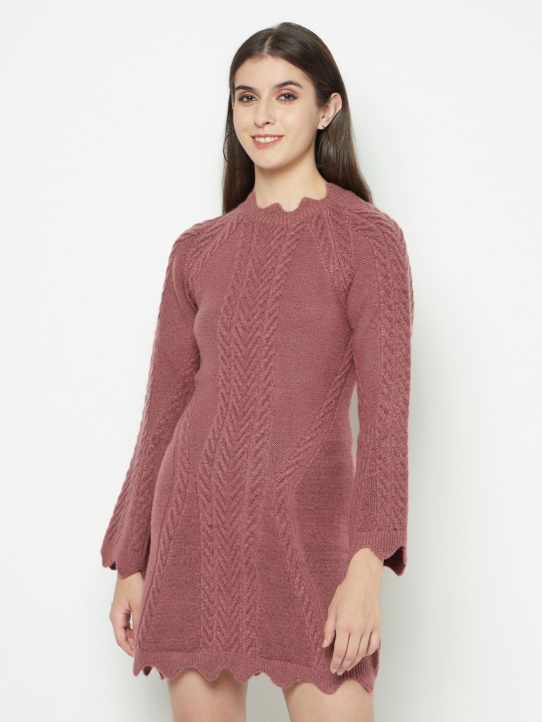 

Knitstudio Self Design High Neck Long Sleeves Acrylic Knits A-Line Dress, Pink