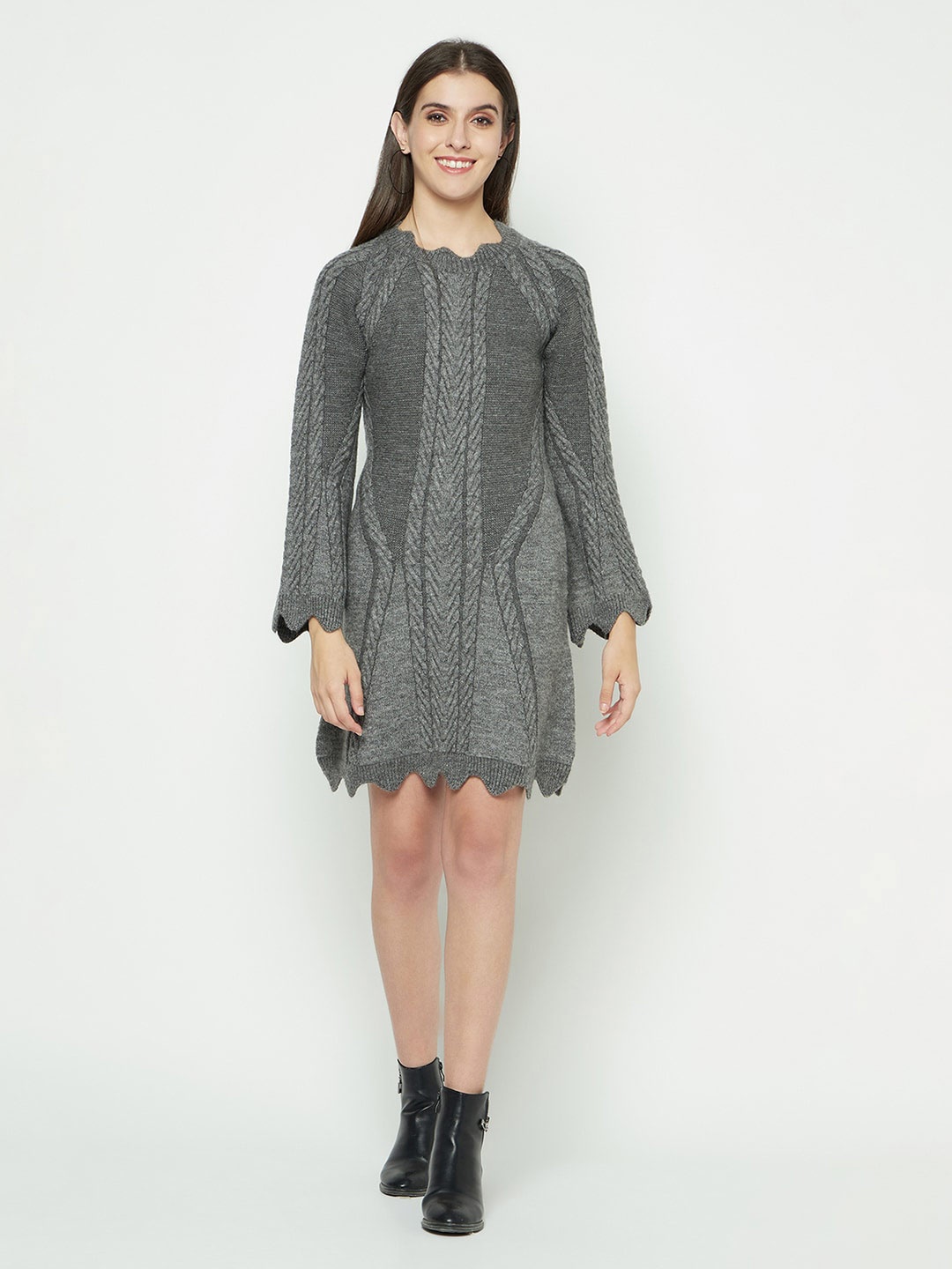 

Knitstudio Self Design High Neck Long Sleeves Acrylic Knits A-Line Dress, Grey