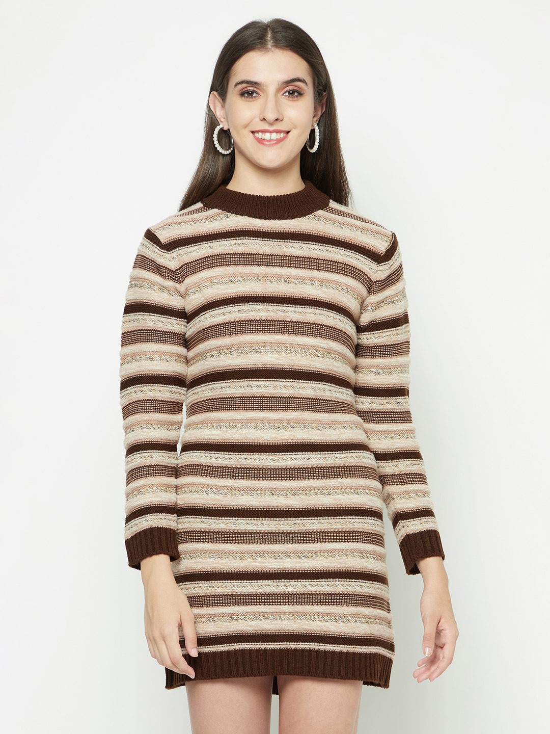 

Knitstudio Self Design High Neck Long Sleeves Acrylic Knits A-Line Dress, Brown