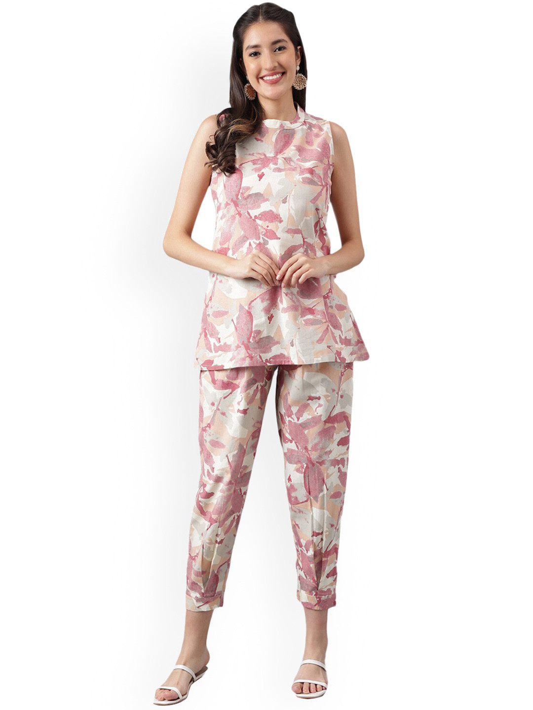 

Nimayaa Floral Printed Cotton Halter-Neck Top With Trouser Co-Ords, Beige
