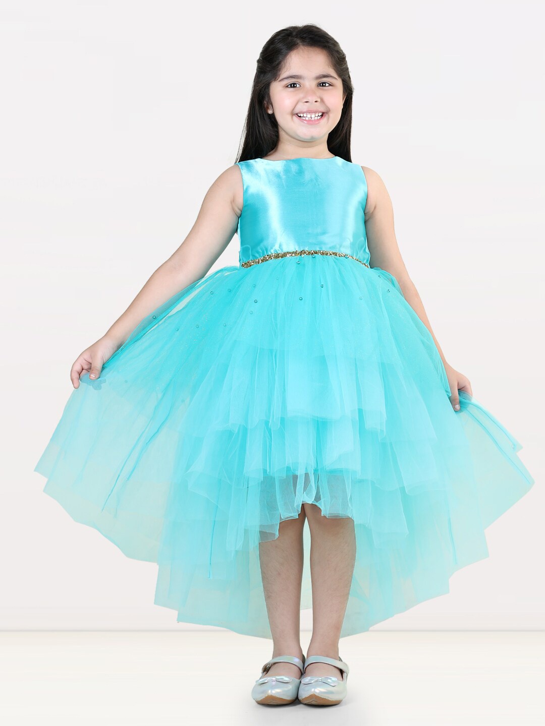 

Toy Balloon kids Net Sleeveless Fit & Flare High-Low Party Dress, Blue