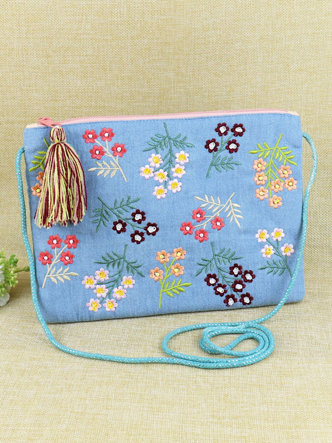 

Asthetika Kids Girls Floral Embroidered Tasselled Sling Bag, Blue