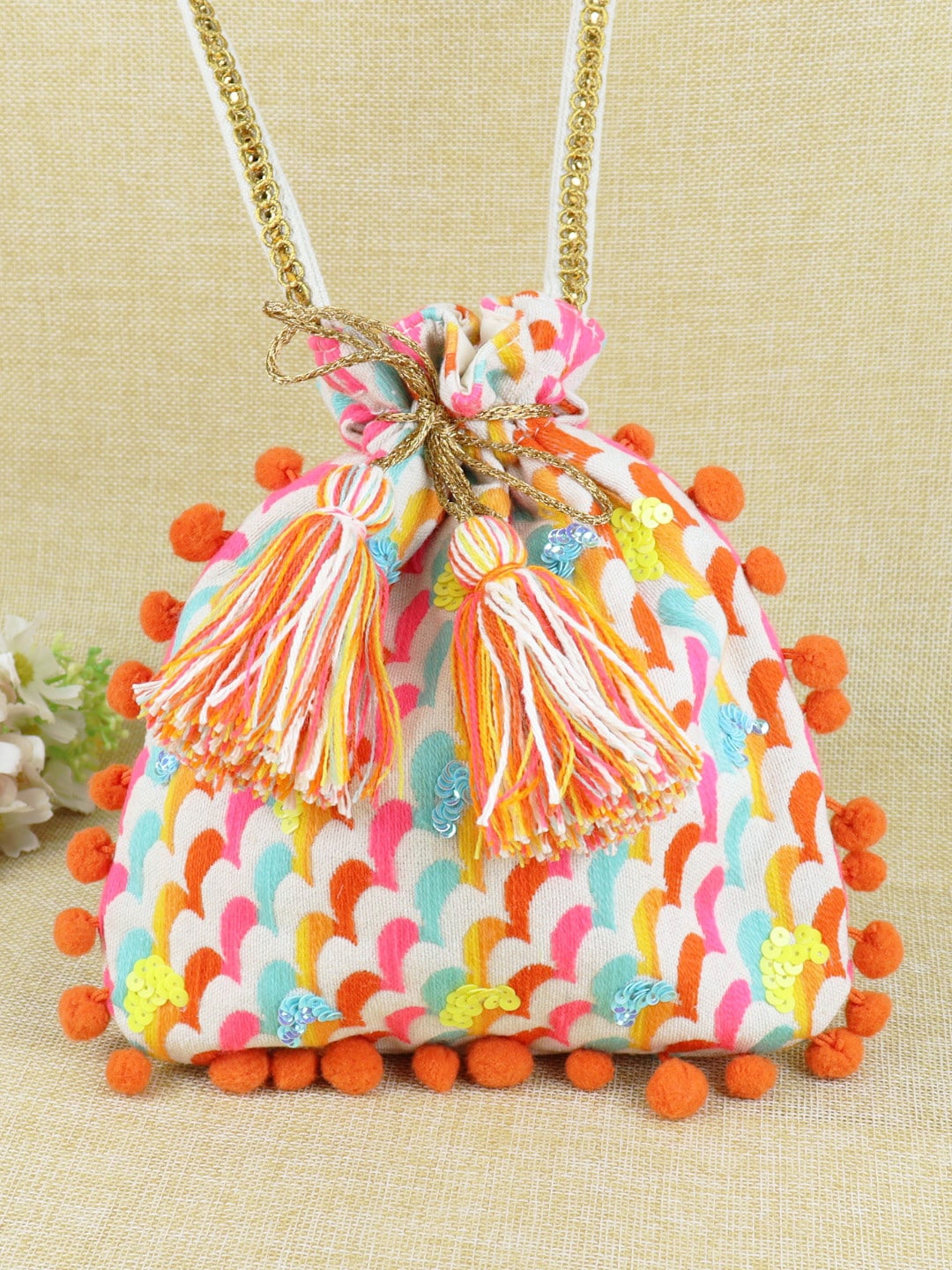

Asthetika Kids Girls Embellished Tasselled Potli With Sling, Orange