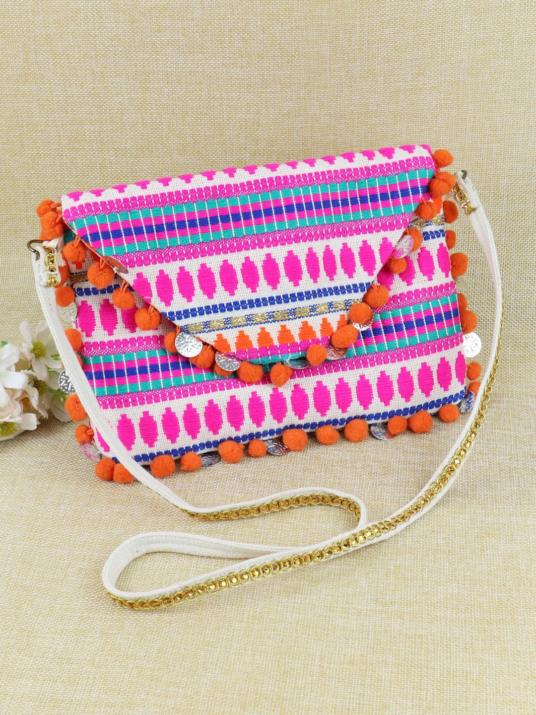 

Asthetika Kids Girls Geometric Embellished Tesselled Sling Bag, Pink
