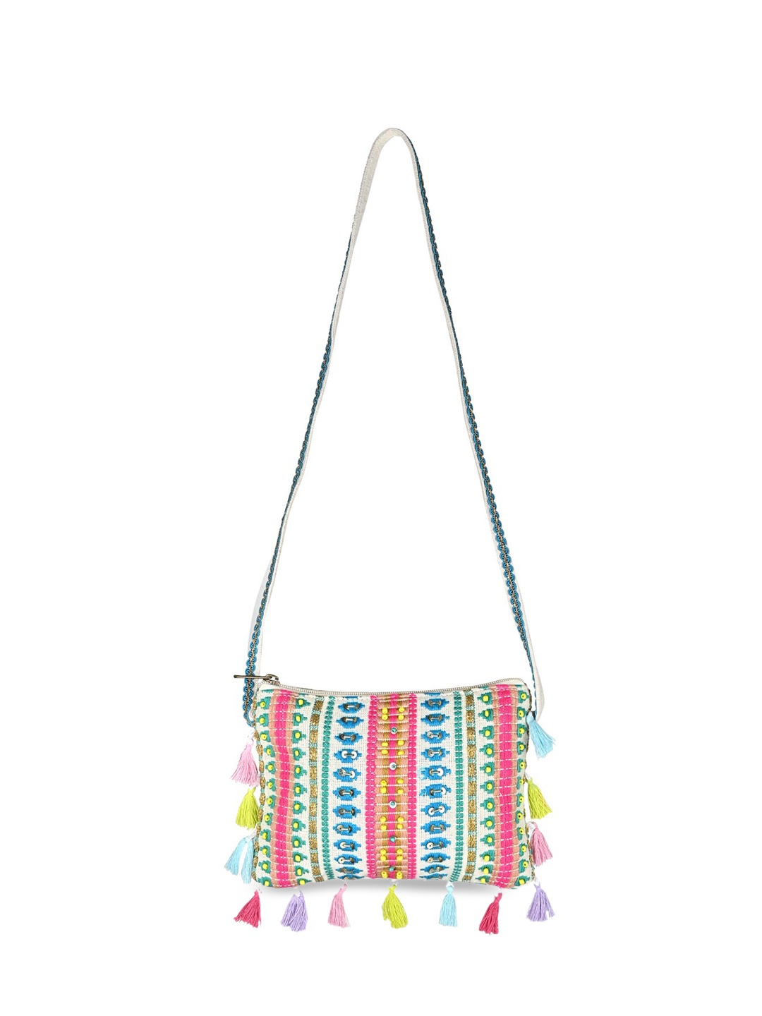 Asthetika Kids Girls Geometric Embroidered Detailed Sling Bag, White