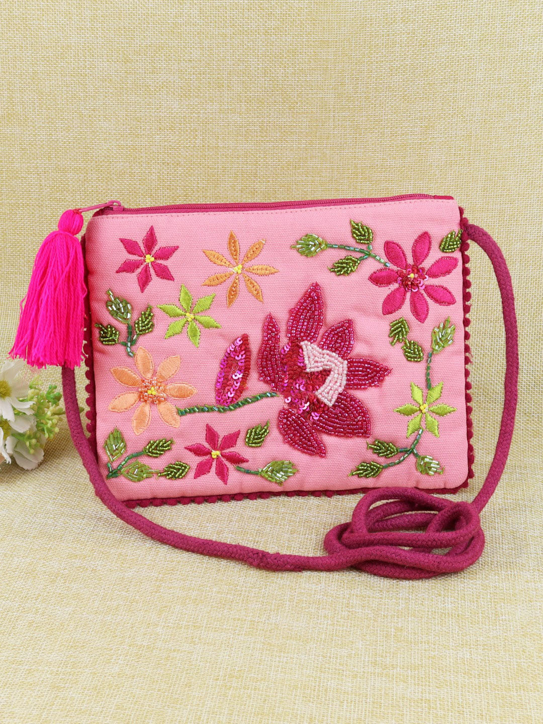 

Asthetika Kids Girls Floral Embroidered Detailed Sling Bag, Pink