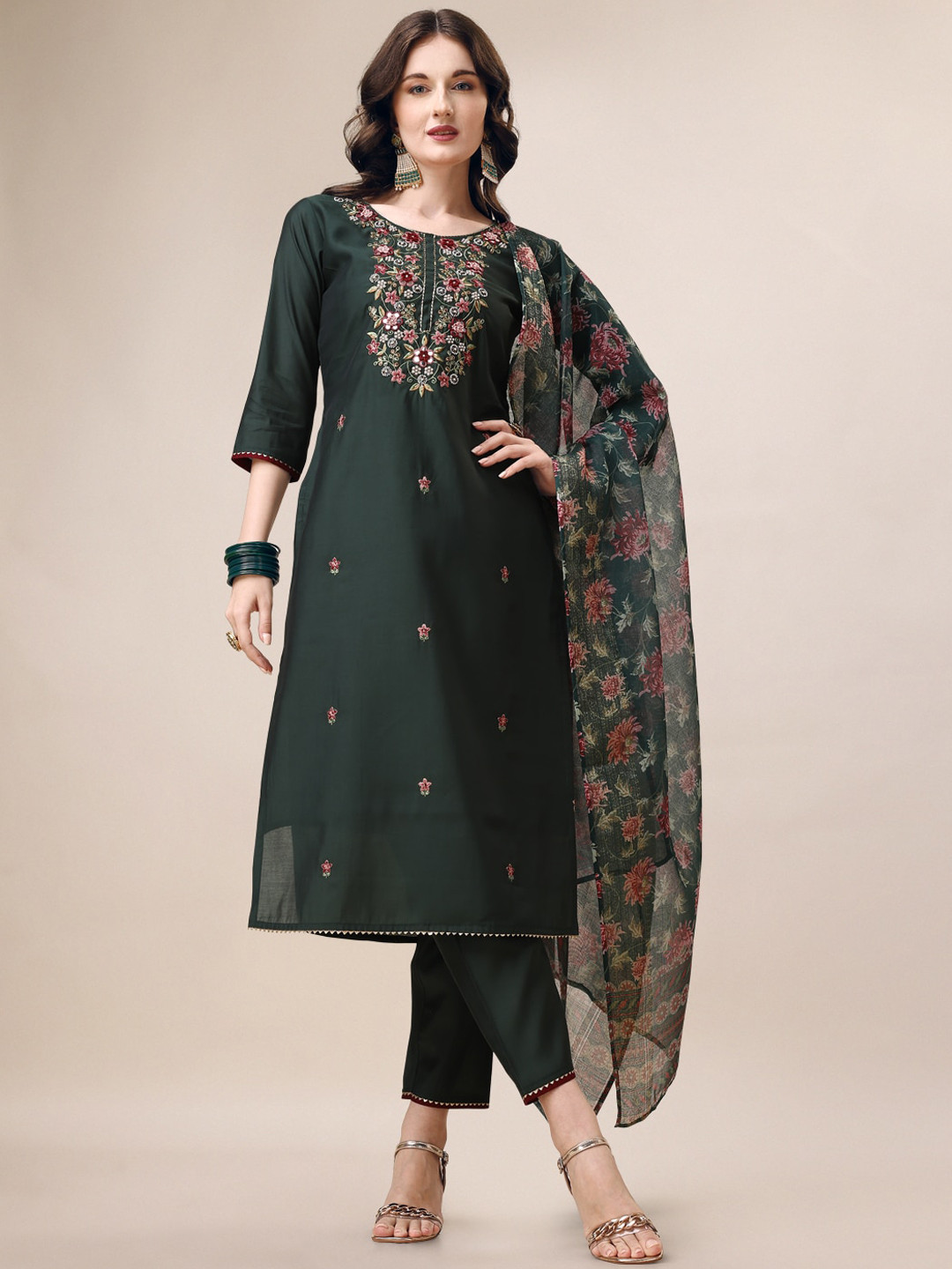 

KALINI Floral Beads & Stones Embroidered Regular Kurta With Trousers & Dupatta, Green