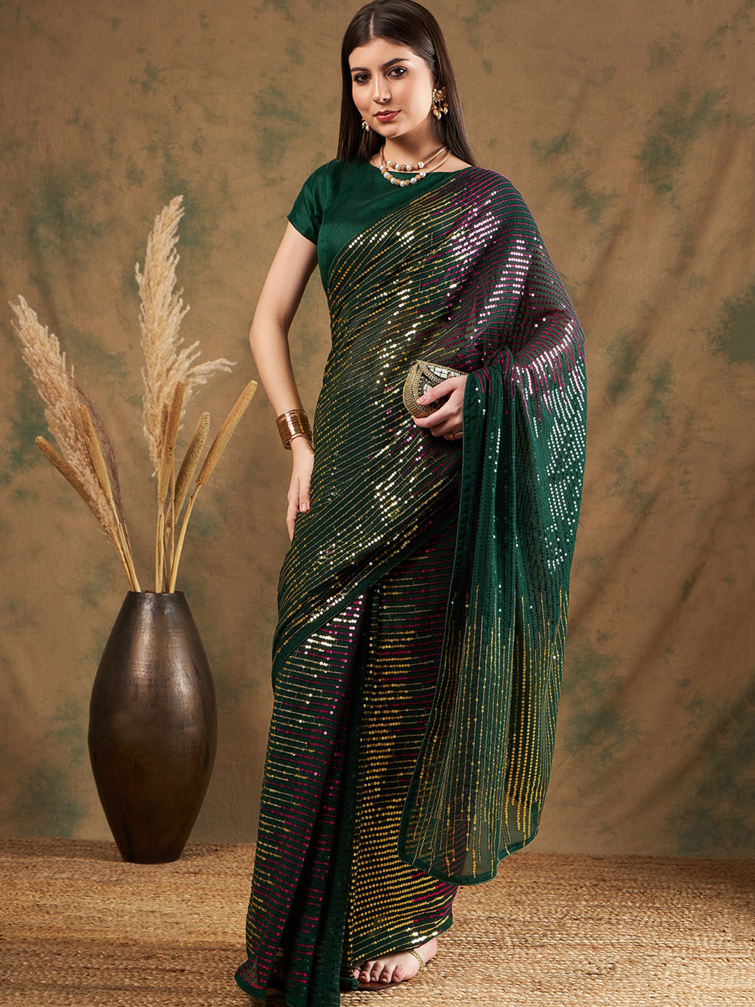 

Mitera Red & Green Embellished Sequinned Pure Georgette Saree