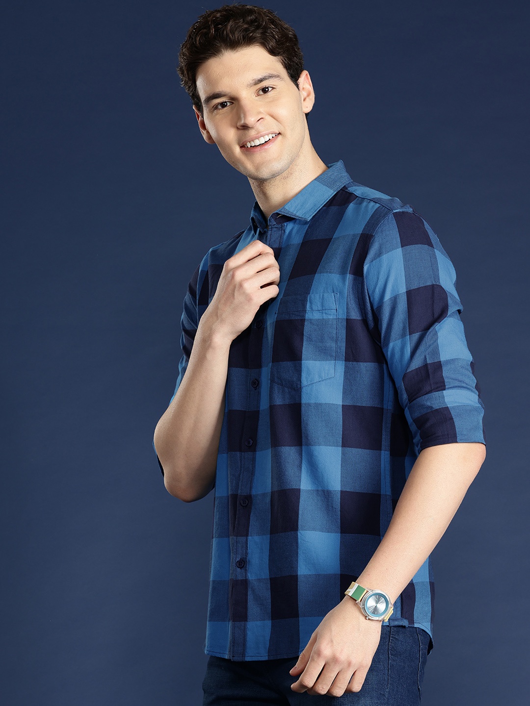 

Mast & Harbour Men Buffalo Checked Cotton Casual Shirt, Blue