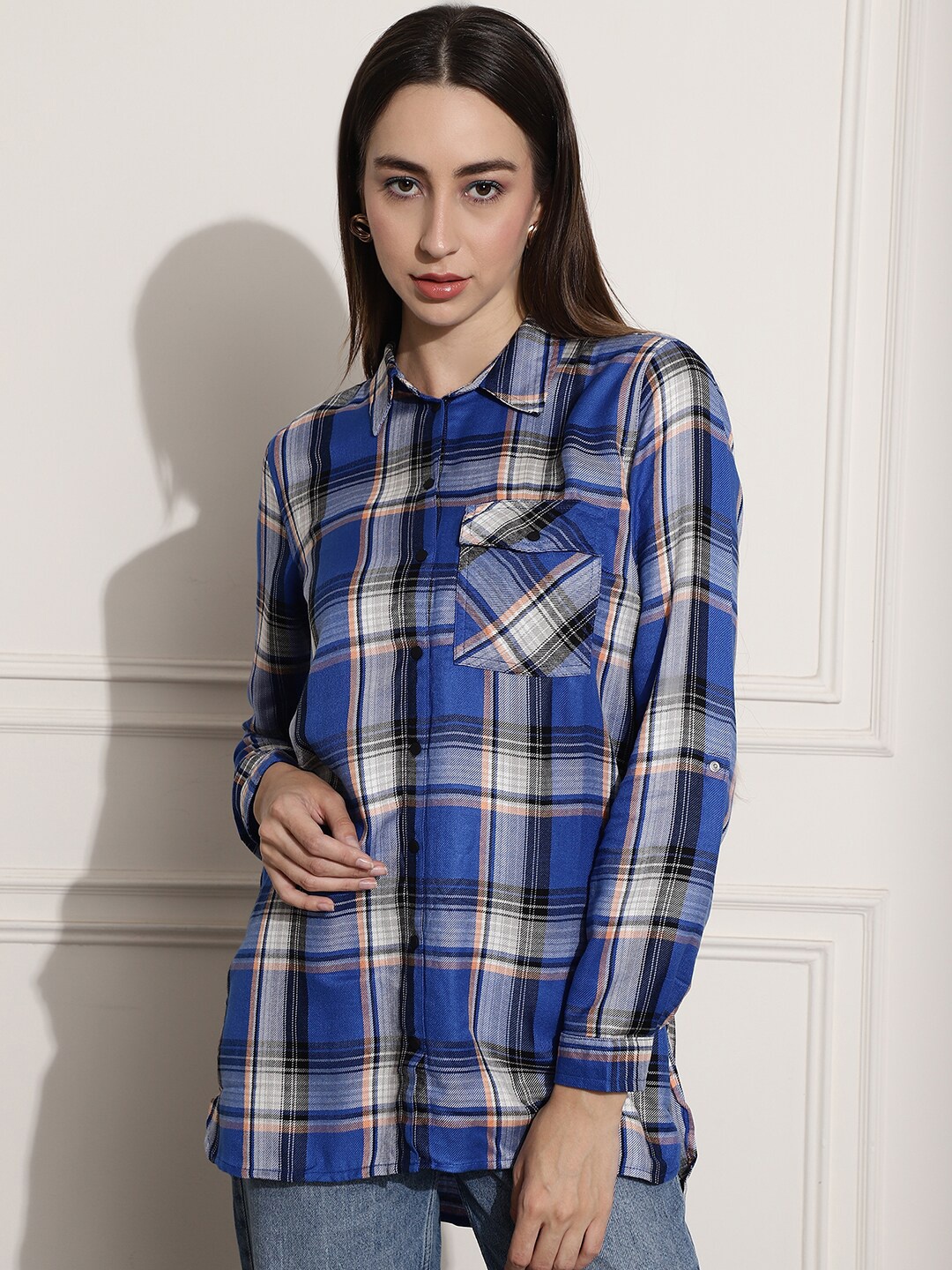 

NoBarr Regular Fit Tartan Checked Spread Collar Long Sleeve Pocket Casual Shirt, Off white